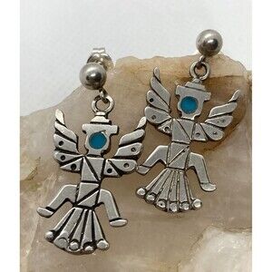 Vintage SW‎ Style Winged Man Earrings Blue Stone Inlay Sterling 925 Silver 4g